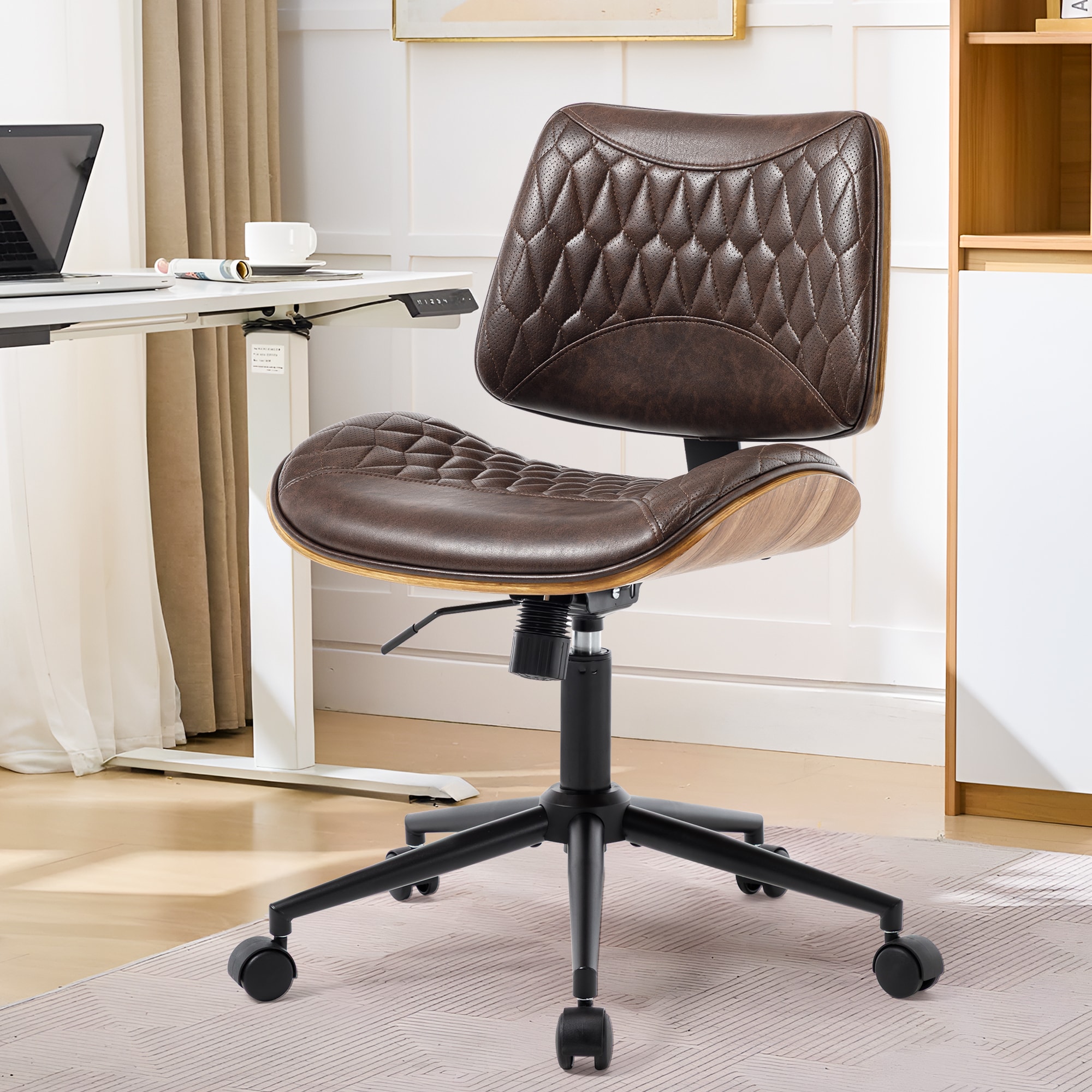 Armless Office Chair With Wheels, Adjustable Height Mid Back Small Desk Chair, Modern Walnut Bentwood Back, PU Leather Swivel Rolling Computer Task Chair For Home Office, Meeting Room, Study, Set Of 1_voghion.com
